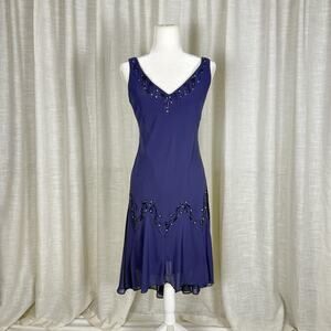 Alex Evenings Dress Womens 12P Purple Beaded Chiffon Tank Midi Formal Wedding